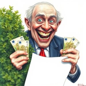 Eine karikatur eines alten mannes im Anzug mit Geldscheinen in den Händen