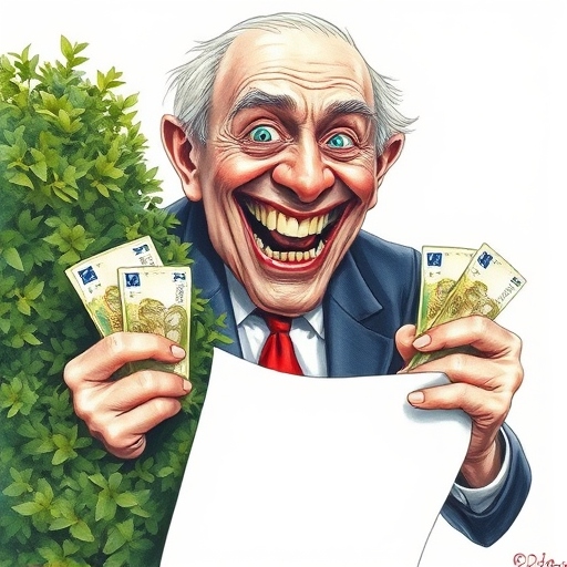 Eine karikatur eines alten mannes im Anzug mit Geldscheinen in den Händen